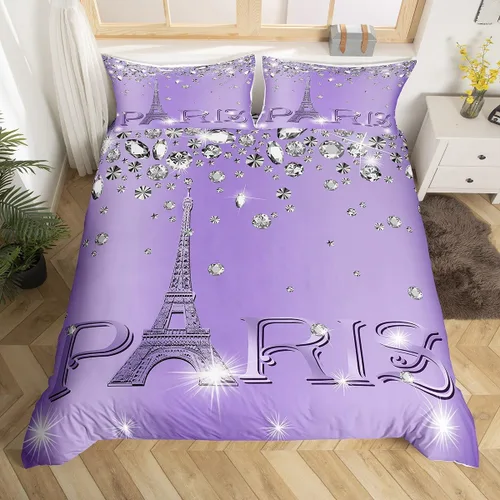 Vista 14 de Erosebridal Funda de edredón de la Torre Eiffel para niñas, juego de ropa de cama romántica de París azul, negro y blanco, funda de edredón