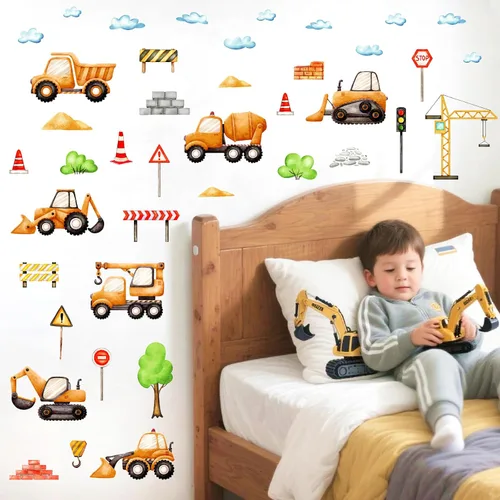 Vista 6 de Calcomanías de pared para automóvil, camión, construcción, vehículos, calcomanías de pared de dibujos animados, acuarela, calcomanías de tractor