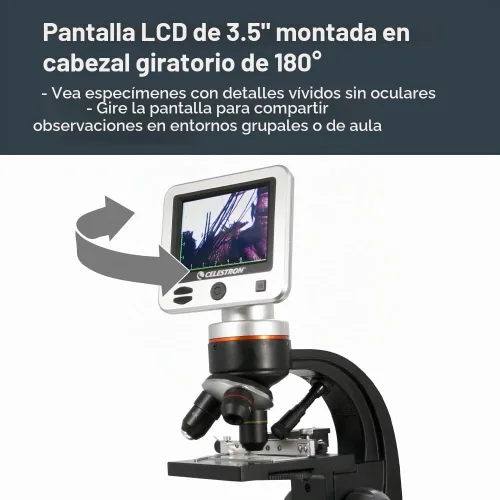 Vista 3 de Celestron – Microscopio digital LCD II – Pantalla de 3.5" – Cámara de 5MP – Aumento de 40x–1600x – Cabezal giratorio – Tarjeta SD incluida – Salida