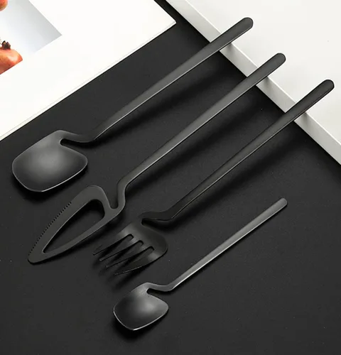 Vista 3 de Juego de cubiertos negros para 14 unidades, 56 unidades, incluye cucharas, tenedores, cuchillos, cucharaditas, acero inoxidable 18/10, juego