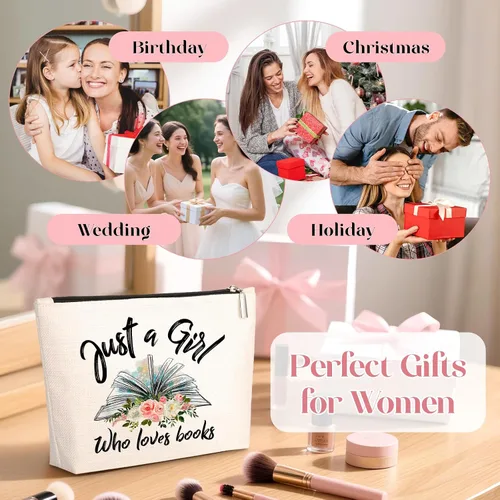 Vista 7 de GevGuxLuo Bolsa de maquillaje para mujer, Beige, Girl Loves Books
