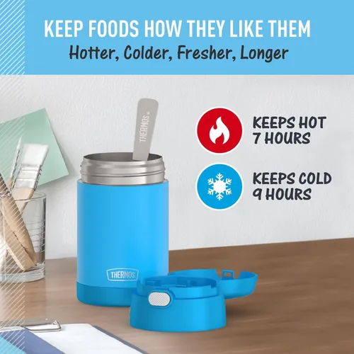 Vista 3 de THERMOS Funtainer - Tarro de alimentos aislado de 16 onzas, tarro de comida para niños con cuchara plegable, azul denim