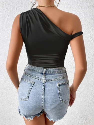 Vista 3 de Hilinker Body sexy de un hombro para mujer, sin mangas, fruncido