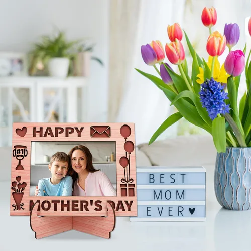Vista 3 de PETCEE Marco de fotos para el día de la madre feliz para mamá, marco de fotos de madera por primera vez, lindo regalo para el primer día de la madre
