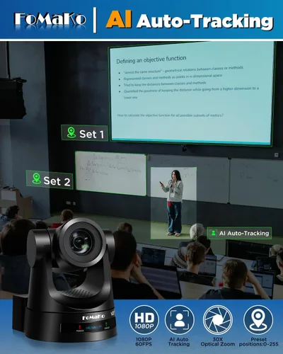 Vista 5 de Cámara FoMaKo NDI PTZ, 30X Zoom Óptico, Seguimiento Automático AI Gen 3, Cámara HDMI PTZ para Servicios de Adoración en Vivo, Educación y Eventos