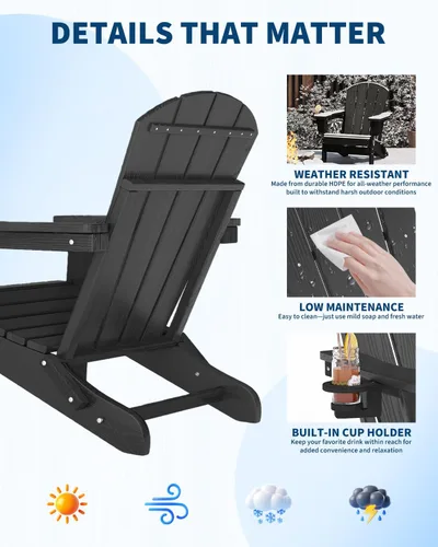 Vista 6 de Juego de 2 sillas Adirondack plegables HDPE con mesa auxiliar, color negro