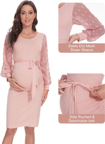 Vista 5 de Vestido de maternidad de manga transparente de malla de lunares suizos, vestidos formales de baby shower, vestido ajustado para embarazo, fruncido