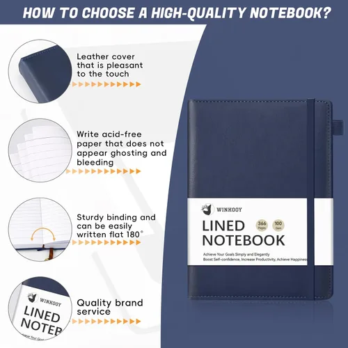 Vista 3 de Winkooy Cuaderno rayado, 366 páginas, 100 g/m² cuadernos con tapa dura de cuero para escribir, cuaderno clásico rayado A5 grueso para la universidad