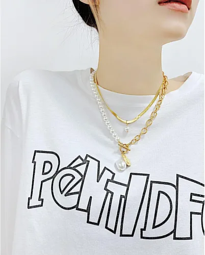 Vista 4 de Aleasha Gargantilla de cadena de serpiente dorada con collar de perlas barrocas para mujer, joyería de acero inoxidable, regalos, Acero inoxidable