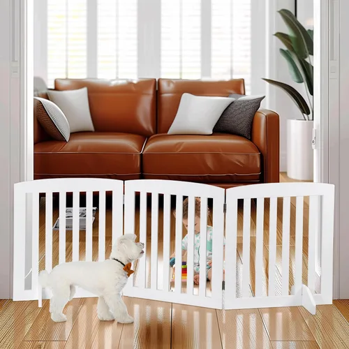 Vista 2 de ZENY Puerta para mascotas de 24 pulgadas, puerta plegable independiente para perros de 3 paneles, forma en Z, color blanco, valla de madera
