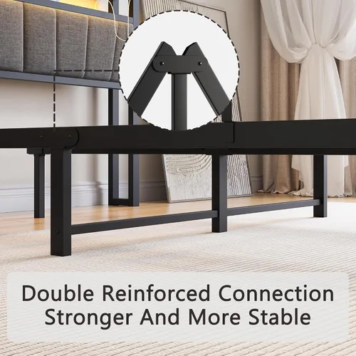 Vista 6 de BOFENG Base de cama matrimonial con cabecera de almacenamiento tapizada y estación de carga, luces LED, plataforma de metal resistente, marco