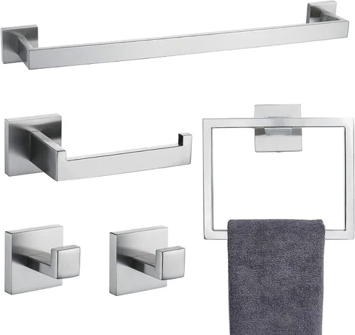 Vista 20 de Juego de Barras Portotoallas Negro Mate de 5 Piezas, Juego de Accesorios de Ferretería para Baño, Juego de Portotoallas Moderno de 23.6 Pulgadas