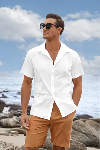 Vista 2 de Camisa de lino y algodón para hombre, con botones, manga corta, casual, para playa, guayabera cubana, campamentos, Blanco