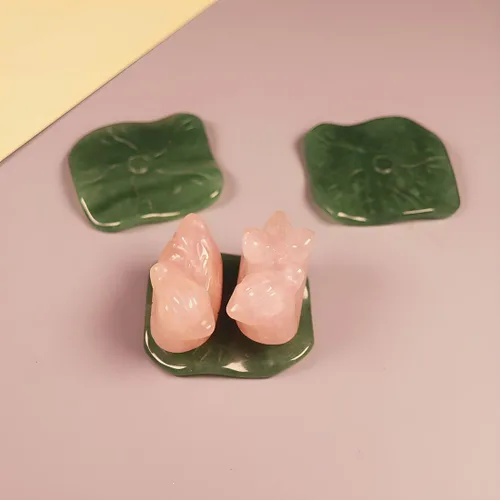 Vista 4 de Figura de cristal de cuarzo rosa con patos mandarinos en aventurina verde, figura de hoja de loto, regalos para el día de San Valentín