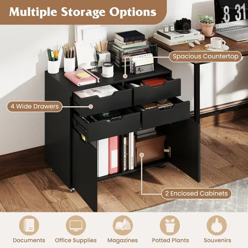 Vista 4 de Archivador negro con 4 cajones y 2 puertas Organizador de almacenamiento móvil para debajo del escritorio, soporte de impresora de madera sobre