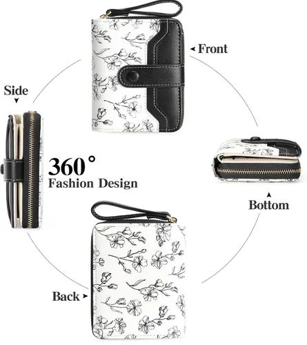 Vista 4 de GAEKEAO Cartera para mujer delgada y fina con bloqueo RFID, de cuero con flores, tarjetero plegable, cartera larga para damas con bolsillo