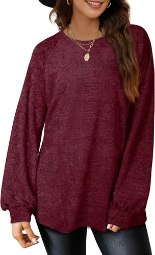 Vista 3 de OFEEFAN - Suéteres para mujer, sudaderas holgadas sin botones, con cuello redondo y manga globo