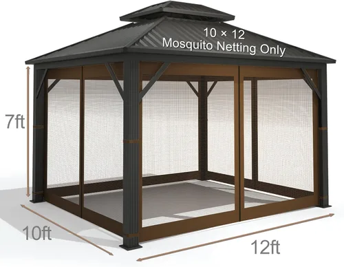 Vista 2 de Mosquitera Universal de Repuesto para Gazebo – Hugline 10' x 12' Pantalla de Malla para Exteriores de 4 Paneles con Cortina Lateral con Cremallera