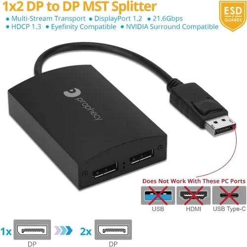Vista 3 de gofanco Prophecy - Adaptador de pantalla de 1 x 2 puertos DisplayPort de 1.2 a 2 puertos - Convertidor de concentrador DP a Dual DisplayPort MST, 4K