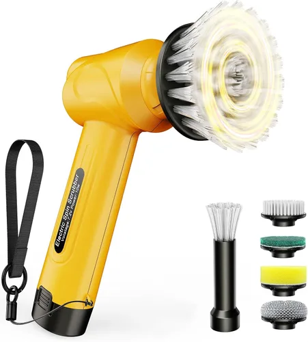 Vista 8 de Qimedo Cepillo Giratorio de Mano con Mango Largo Extendido, Cepillo Eléctrico Recargable para Limpieza, Cepillo Inalámbrico para Platos con 6