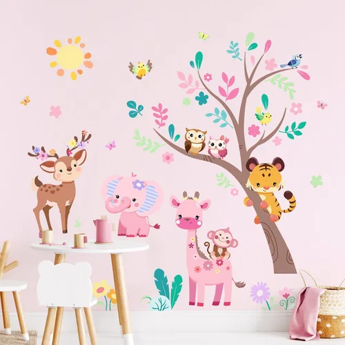 Vista 9 de Calcomanías de pared de animales de la selva, elefante, jirafa, león, cebra, calcomanías de pared para niños, dormitorio, sala de estar, guardería