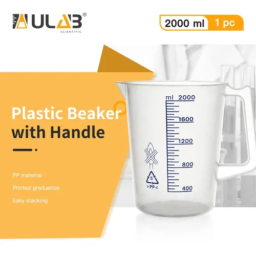 Vista 2 de ULAB Vasos de precipitados científicos, vasos de plástico con mango, con graduación azul impresa, vol.67.6 fl oz (68oz), UBP1018