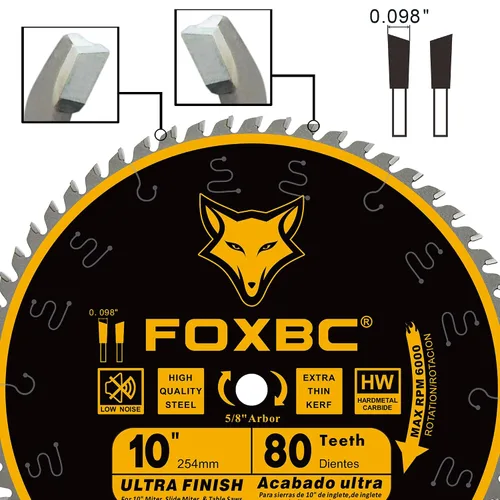 Vista 3 de FOXBC Hoja de sierra de mesa de 10 pulgadas, 80 dientes, corte ultra fino de madera, eje de 5/8 de pulgada