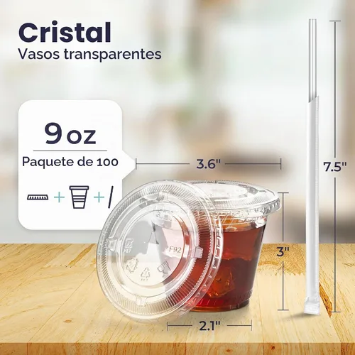 Vista 2 de Fit Meal Prep Paquete de 100 Vasos de Plástico para Café Helado de 9 oz con Tapas Planas y Pajitas Transparentes, Vaso Transparente Desechable, Vaso