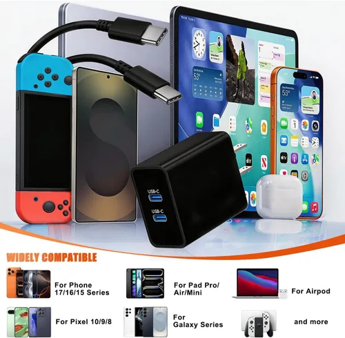 Vista 8 de Cargador dual tipo C de 45 W de carga rápida para Samsung, PD 3.0 GaN bloque de cargador de teléfono Android súper rápido con cable USB C largo