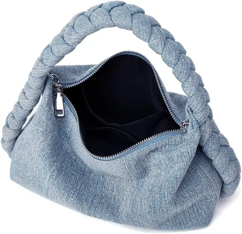 Vista 5 de Bolso de mezclilla vintage para mujer, bolso de mezclilla tejido con asa superior, bolso cruzado ligero de diseñador con cadena