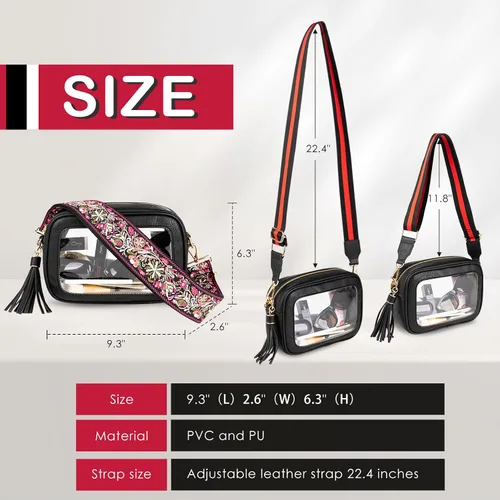 Vista 6 de Viva Terry Bolsa transparente aprobada para eventos de estadio, pequeña bolsa cruzada transparente con 2 correas ajustables para artículos