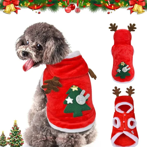 Vista 2 de Disfraz de Papá Noel para perro, disfraz de Navidad con capucha para mascotas, ropa para mascotas, ropa para invierno y otoño, apto para cachorros