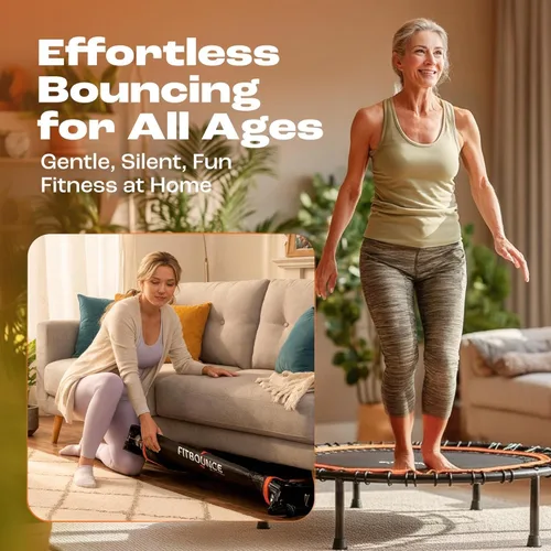 Vista 3 de MXL FIT Bounce PRO XL Bungee Rebounder - Mini trampolín de interior premium para adultos, rebote silencioso de bajo impacto, plegado medio con patas