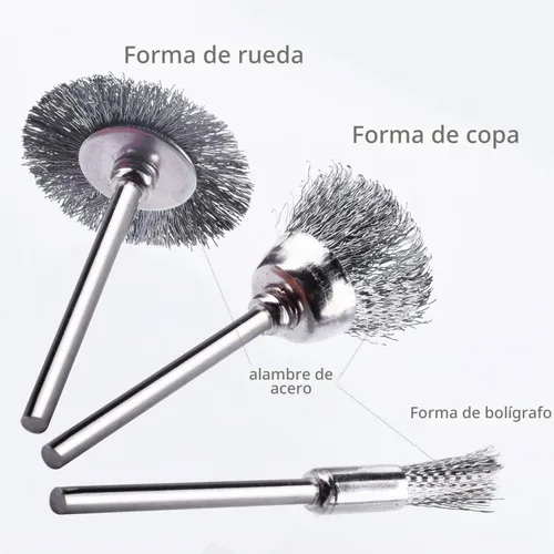 Vista 6 de Juego de 45 cepillos de alambre para taladro, cepillos de rueda de acero inoxidable, accesorios Dremel para herramientas rotativas - Molienda