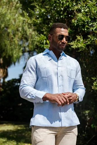 Vista 2 de Mojito - Camisa guayabera de manga larga para hombre, 100% lino, diseño de 2 bolsillos