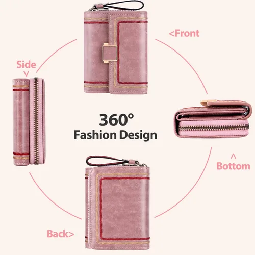 Vista 4 de GSG Cartera para mujer Cartera pequeña para mujer, tarjetero retro plegable para mujer, cartera compacta de cuero acordeón con bloqueo RFID
