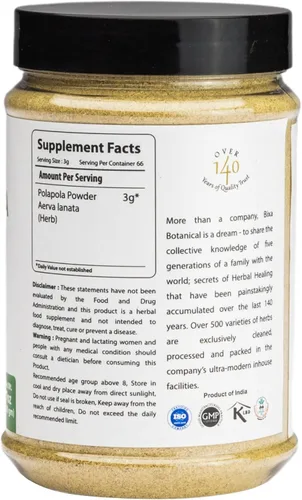 Vista 3 de bixa BOTANICAL Polapola en polvo/Aerva lanata - Suplemento herbario natural ayurvédico puro auténtico de calidad prémium para limpiar el hígado