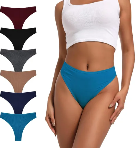 Vista 20 de Tanga de algodón acanalado transpirable sin costuras de cintura alta para mujer, ropa interior de talla grande 2 negro/2 verde/2 vino tinto