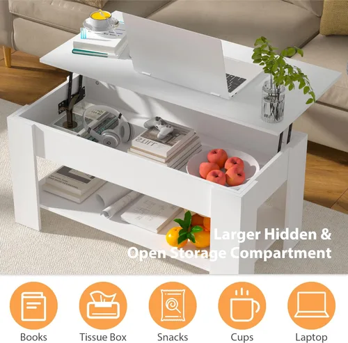 Vista 5 de Mesa de centro elevable con almacenamiento para sala de estar, mesa consola de madera rústica, mesa de té central de escritorio oculta para muebles