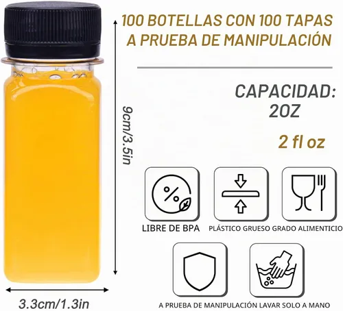 Vista 2 de TOMNK 100 botellas de plástico de 2 onzas con tapas, recipientes reutilizables transparentes para bebidas a granel para inyección de jengibre, jugo
