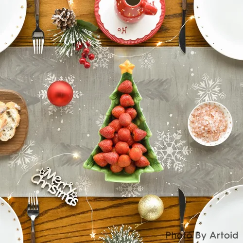 Vista 4 de Artoid Mode Camino de mesa de Navidad con diseño de árboles de Navidad y copos de nieve, decoración de mesa de cocina con lazo de moño para fiestas
