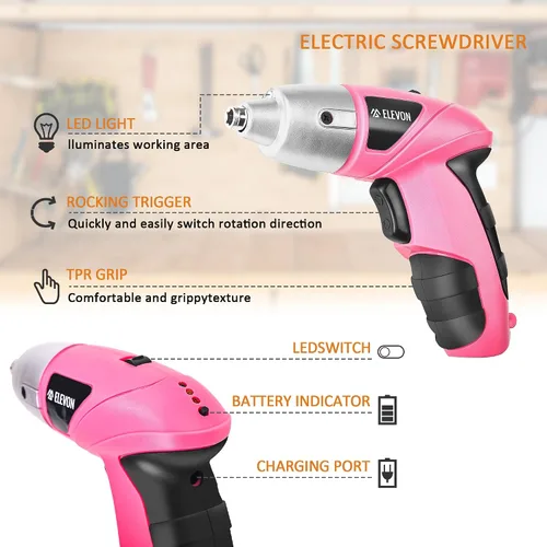 Vista 4 de ELEVON Juego de 27 destornilladores eléctricos rosados, destornillador eléctrico inalámbrico con juego de taladro, pistola de tornillo de mano