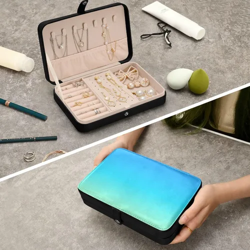 Vista 7 de Emelivor Joyero de viaje con degradado azul, de piel sintética, doble capa, organizador de joyas de viaje, caja de joyería portátil para aretes