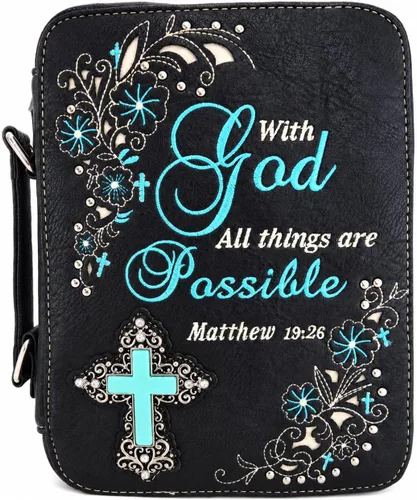 Vista 13 de Funda de la Biblia con versículo bordado de estilo occidental para mujer, bolsa de mensajero con correa extra Turquoise Cross, Full-Zip Protection