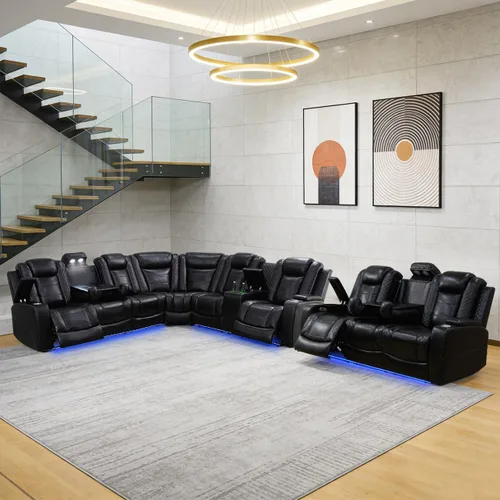 Vista 33 de Juego de sofá modular reclinable eléctrico para sala de estar, juego de sofá reclinable de cuero con luces LED / almacenamiento oculto, sofá