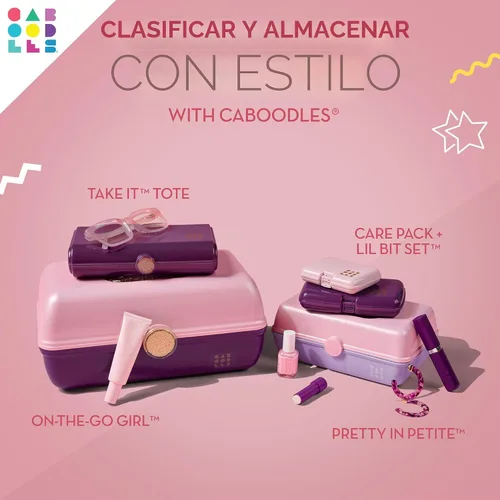 Vista 6 de Caboodles Pretty in Petite - Caja de maquillaje de dos tonos rosa sobre lavanda, caja organizadora de plástico duro, 2 bandejas giratorias, espejo