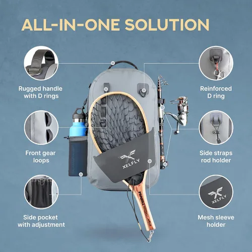 Vista 3 de Xelfly - Mochila de pesca impermeable con soporte para caña, válvula de aire inflable, correas acolchadas para la cintura y bucles para engranajes