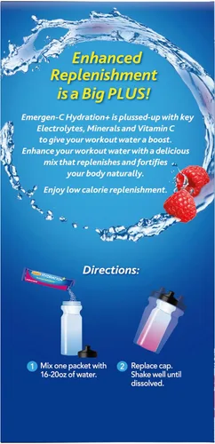 Vista 12 de Emergen-C Hydration+ - Mezcla de bebida deportiva con vitamina C (18 unidades, sabor a frambuesa), reposición de electrolitos, paquetes de polvo
