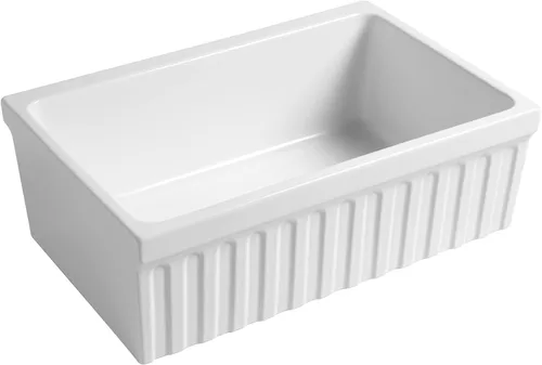 Vista 7 de Whitehaus WHQ330-WH Farmhaus Quatro Alcove - Fregadero reversible de arcilla refractaria de 30 pulgadas con delantal estriado, color blanco