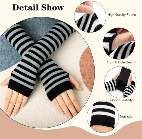 Vista 21 de Amandir Guantes largos sin dedos para mujer, calentadores de brazos, guantes elásticos de punto para el pulgar